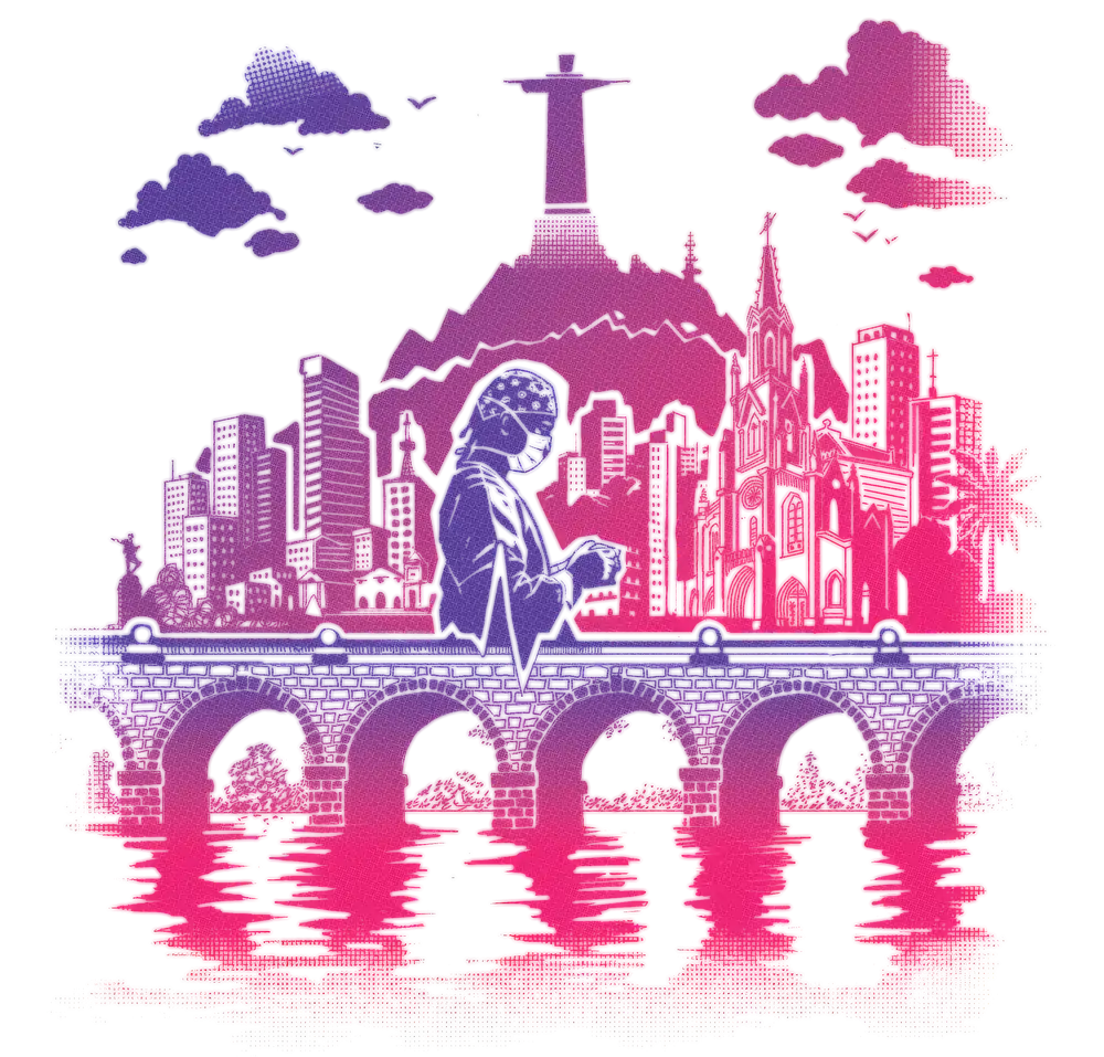 Screen-print illustration of Cali landmarks, a healthcare professional and a heartbeat crossing the city's bridge.